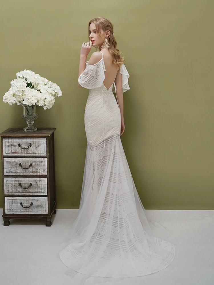 New Arrival Sexy White Evening Dresses Long Lace Mermaid Short Sleeve Formal Occasion Party Women Bridal Prom Dresses