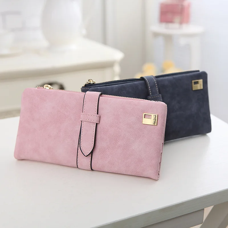 

Mfs New Style Korean-style Trend of Fashion Retro Buckle Dull Polish Two-fold Wallet Women's Long Card Bit More Wallet