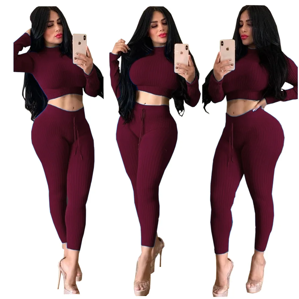 Solid Color 2 Piece Set Office Lady Turtleneck Full Sleeve Pullover Short Top+Drawstring Skinny Ankle-Length Pants LCLDS3171