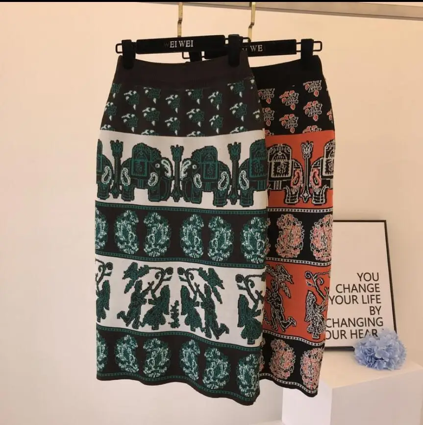 Корейская мода, эластичная талия, буквенный принт, тонкая трикотажная юбка, осень и зима, новые юбки средней длины
