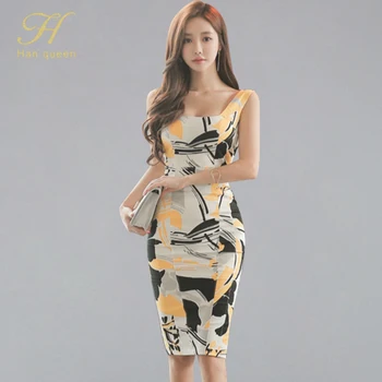 

H Han Queen New Print Elegant Bodycon Office Dress Summer Women's Dresses Sleeveless Simple Occupation Generous Pencil Dress