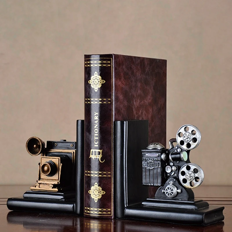 

ABSS-Retro Camera Bookend Movie Film Projector Black Silver Collector's Project Creative Bookcase Vintage Jewelry Study Room Stu