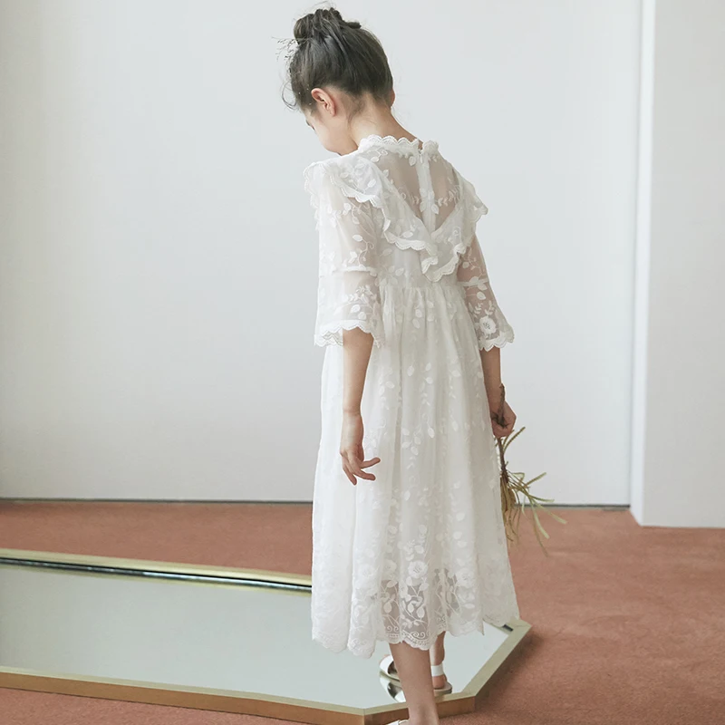 Korean Girls Dress Princess Party Wedding Lace Embroidery Long Elegant White Maxi Dresses for Teen Girl Children 5 6 8 10 | Детская