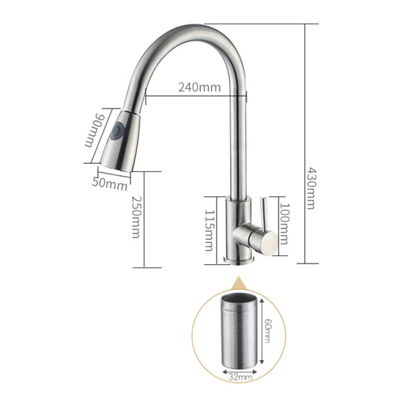 

1x Sink Faucet Stainless Steel Single Handle Pull Out Sprayer Connector Kitchen