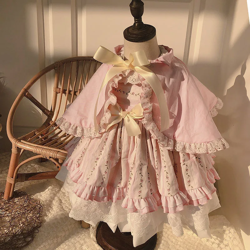 2PCS Baby Girl Summer Pink Floral Vintage Spanish Lolita Princess Ball Gown Dress for Birthday Easter Party Causal | Детская одежда и