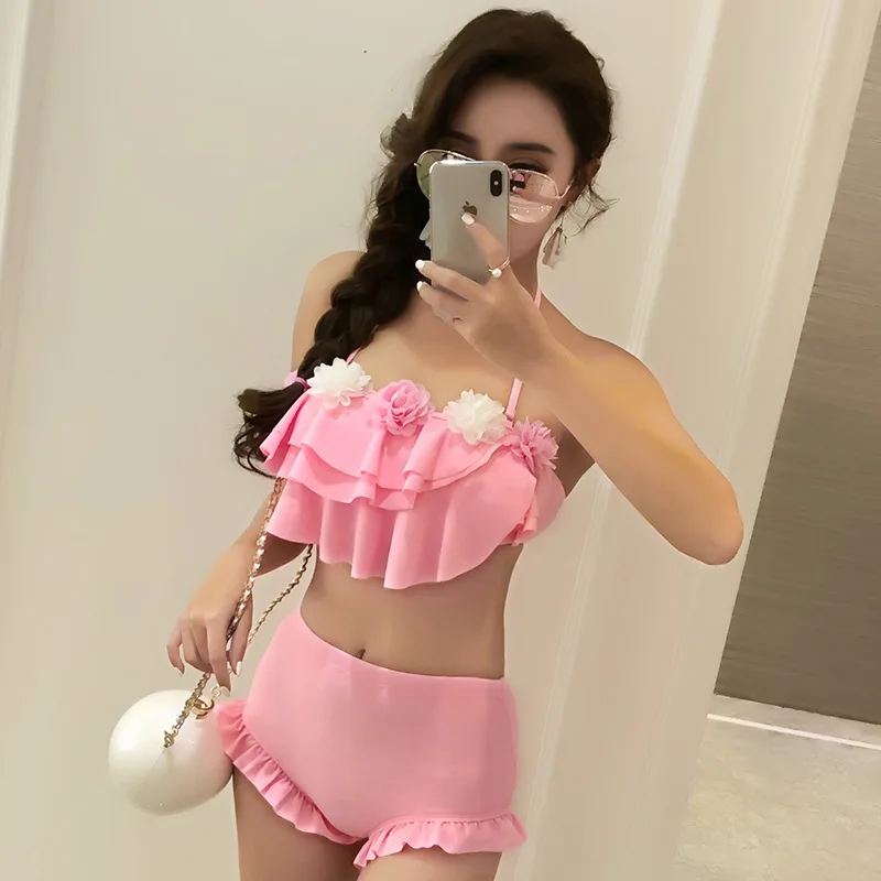

2019 Mint Green Flower Tube Top Cake Retro High-waisted Swimwear Bikini Skirt Split Type Swimsuit Women's Slimming