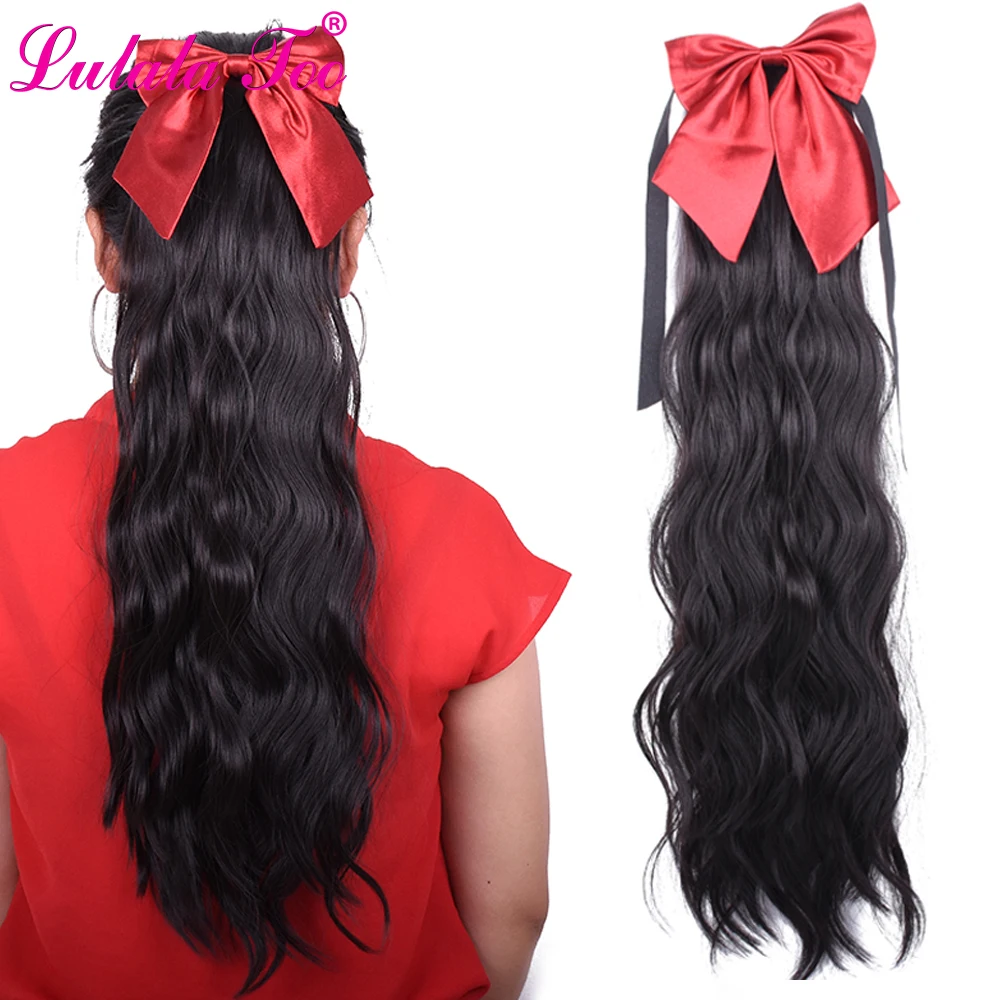 

Long Wavy Drawstring Ponytail Wig With Bowknot Tie Up Synthetic Pony Tail Clip in Hair Extensions Hairpiece