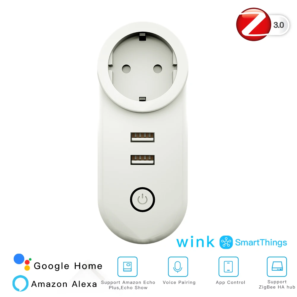 Умная розетка с 2 USB интерфейсом ZigBee 3,0 Дистанционное Голосовое управление работает со смартфонами Wink Echo Plus и большинством Zigbee Hub - Цвет: EU Smart Socket