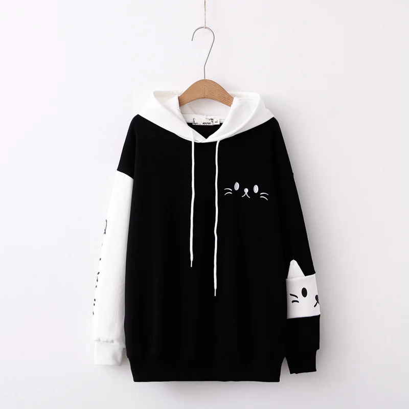 Черный Осень-зима Kawaii Cat хлопковые флисовые толстовки женские подростковые Девушки Корея Harajuku мультфильм печатных пуловер - Цвет: Черный