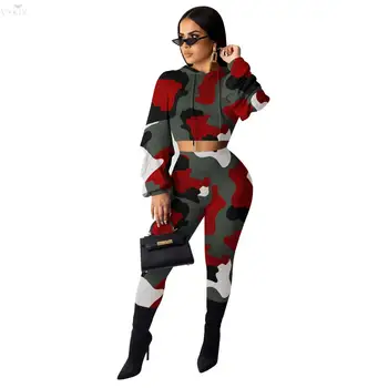 

Tracksuit Women Set Full Sleeve Hooded Camouflage Print Two Piece Set Top And Pants Night Party Fall Club Outfits Sweatsuit