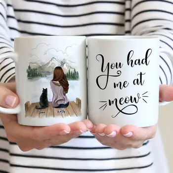 

Girl and Cat Personalized Mug Coffee Cups Gift for Family DIY Choose Hair Skin Clothes 11/15 Oz R2058