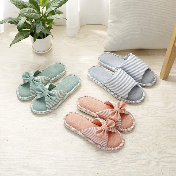 

Spring Summer New Style Bow Couples Four Seasons Flax Home Slipper Women's Japanese Style Indoor Anti-slip Fabric Cotton Slipper