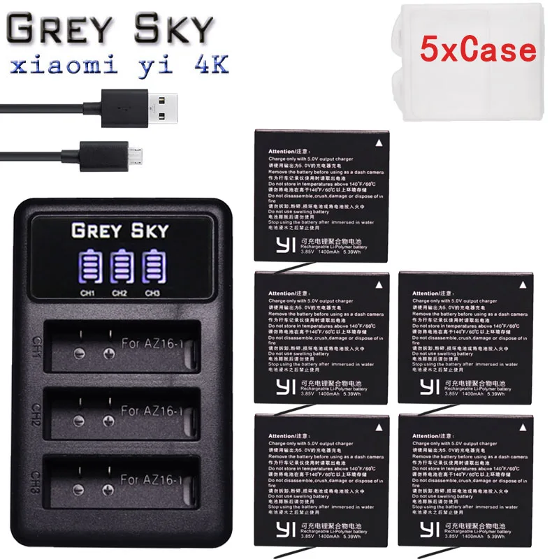 4x AZ16-1 аккумулятор 1400 мАч AZ16+ светодиодный USB 3 слота зарядное устройство для Xiao mi Yi 2 4K аккумулятор для оригинальной экшн-камеры Xiao mi Yi Lite - Цвет: charger and 5battery