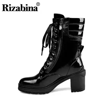 

RizaBina Motorcycle Boots For Women Real Leather Non-Slip Shoes Women Botas Fashion Lacing Thick Heel Outdoor Boots Size 34-39