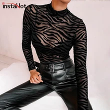 InstaHot Black Mesh Transparent Sexy Bodysuit Long Sleeve Slim Skinny Stripe Mock Neck Casual Rompers Women Lady Party Club Body InstaHot Black Mesh Transparent Sexy Bodysuit Long Sleeve Slim Skinny Stripe Mock Neck Casual Rompers Women Lady Party Club Body