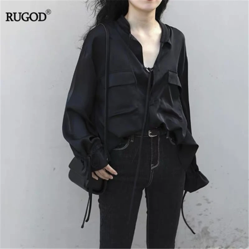 

RUGOD 2019 New Autumn Women Solid Satin Shirt Strap V-neck Long Drawstring Sleeves Loose Slim Blouse Pockets High Street Stylish