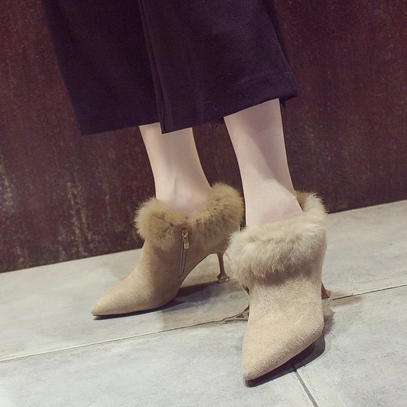 

New Point Toe Short Boot Ladies Faux Fur Autumn Winter Boots Women Suede Flock Zipper Ankle Boots Thin Heel Botas Mujer