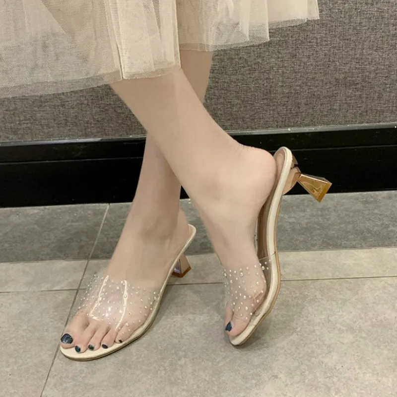

2020 New Summer New Foreign Trade Large Size 41-42 Size Transparent Rhinestone Crystal Shoes High Heel Sandals Stiletto Slippers
