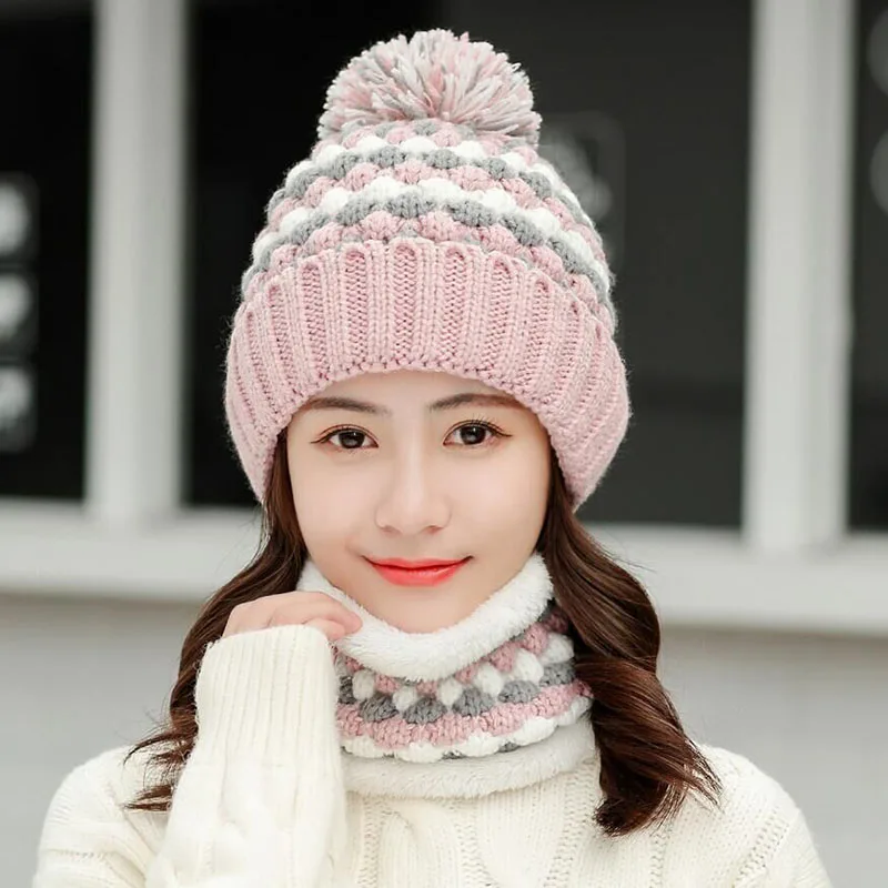 Hat scarf purple Новая вязаная зимняя шапка, шарф, набор, женские толстые хлопковые шапки-бини и шарф с кольцом, женские вязаные зимние аксессуары, подарок для девочек - Цвет: Hat scarf purple