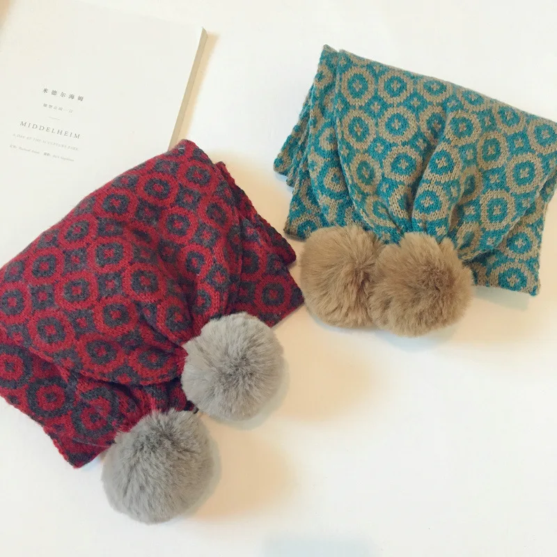 Korean Fashion Vintage Floral Print Winter Scarf Children Fur Ball Cute Knitting Warm Snood Children Neck Scarf Streetwear Shawl