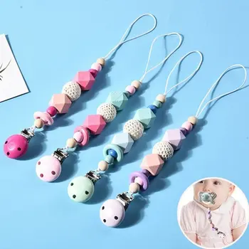 

Portable Size Baby Kids Wooden Beaded Pacifier Holder Clip safe Nipple Teether Dummy Strap Chain Pacifier Clip Chain