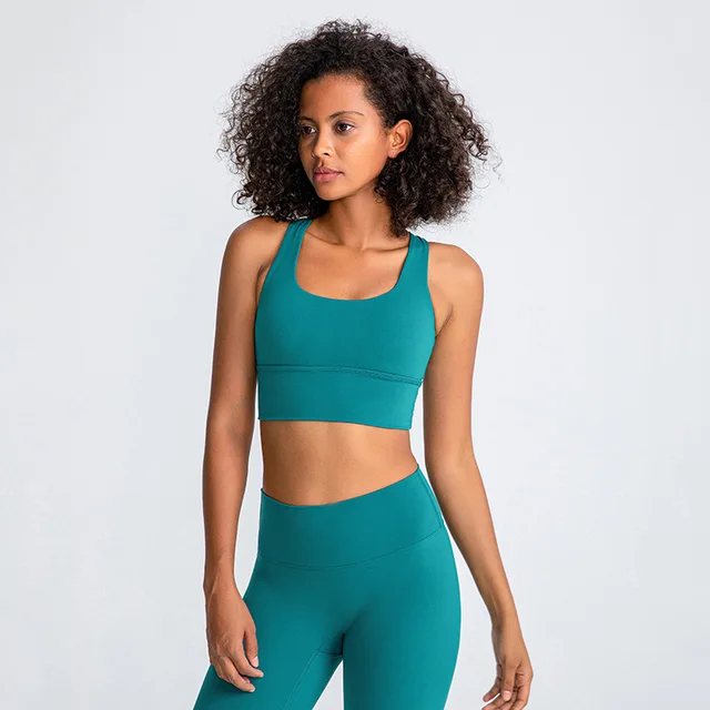 Lulu High Quality Fitness Bra Women Gym Tank Top Butter Soft  Cross Back Yoga Vest Athletic High Impact Brassiere With Chest Pad Deep Lake Green
