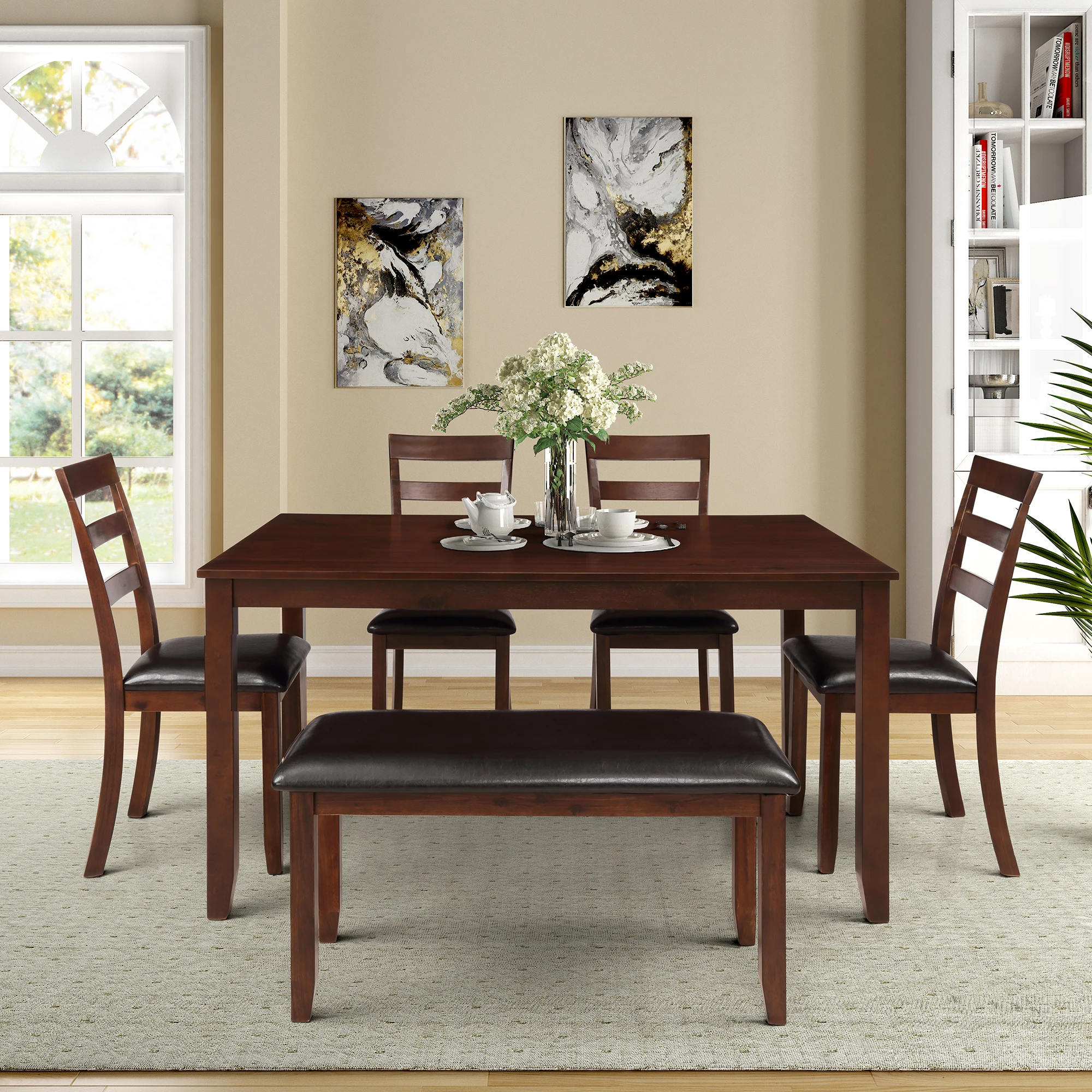 

6pc Dining Set with 4 Ladder Chairs and Bench, Walnut