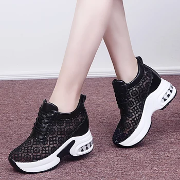 Rimocy Summer Breathable Mesh Chunky Platform Sneakers Women Lace Floral Hollow Out White Shoes Woman Hidden
