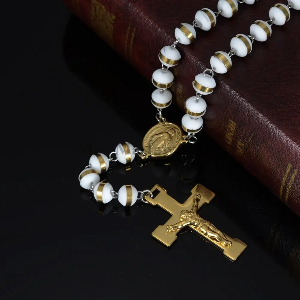 Mens or Womens Necklace Jewelry White Gold Stainless Steel Silicone Rosary Chain Cross Pendant 28&quot | Украшения и аксессуары