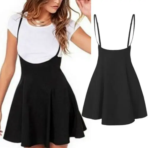 

Summer Skirts Ladies Short Mini Skirt Preppy Style High Waist Strap Mini Skirt Pleated Skater Overall Flare Suspender Skirt