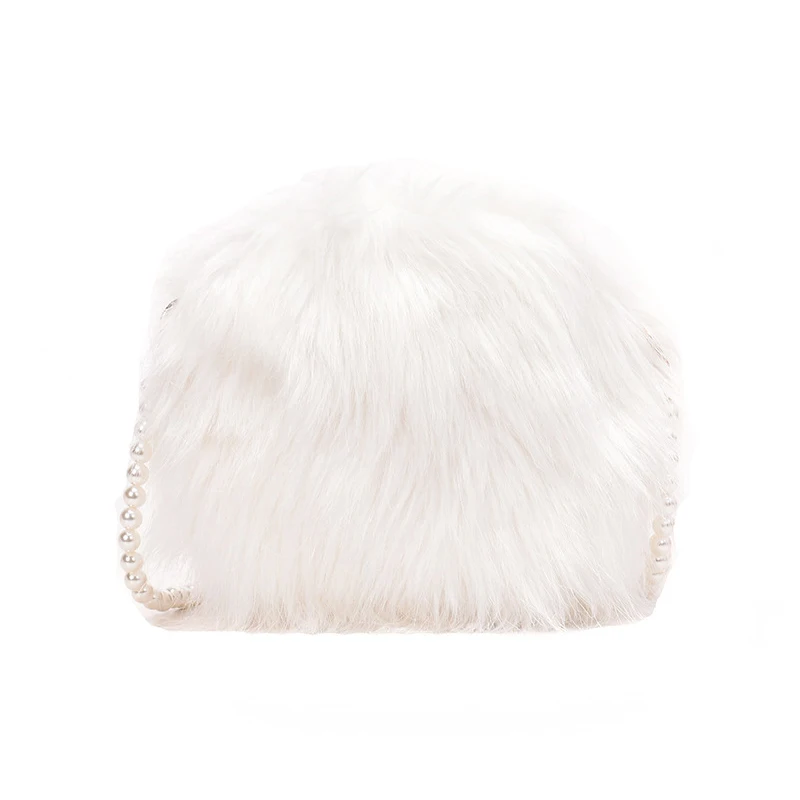 Fashion Faux Fur White Shoulder Bag Soft And Comfortable Suede Round Handbag Autumn And Winter Hot Mini Pearl Chain Chic Bag - Цвет: Белый