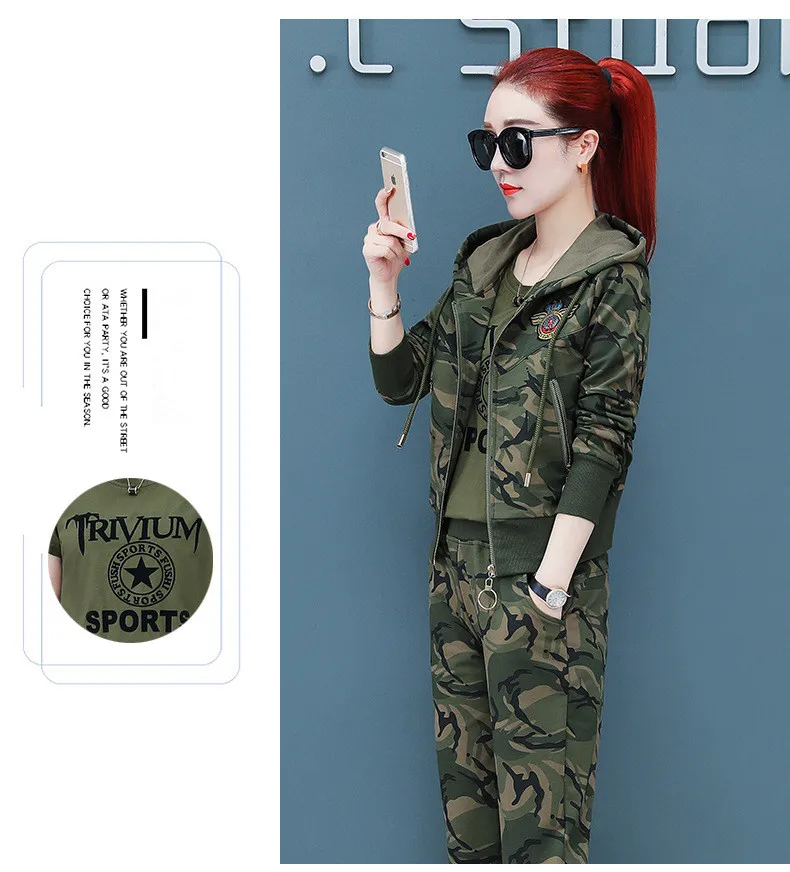 Camouflage Three Piece Set Tracksuit Women Zipper Tops+ T-shirt+ Pants Suit 3pcs Hoodies Sets Female Military Sporting Suits