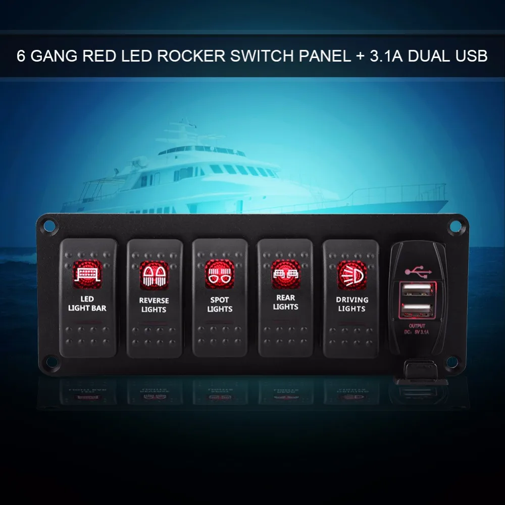 12 V-24 V 6 Gang красный светодиодный кулисный переключатель Панель с 3.1A TF Micro SD мобильный телефон Dual USB зарядное устройство для автомобиля RV лодка яхта морской катер переключатель Панель