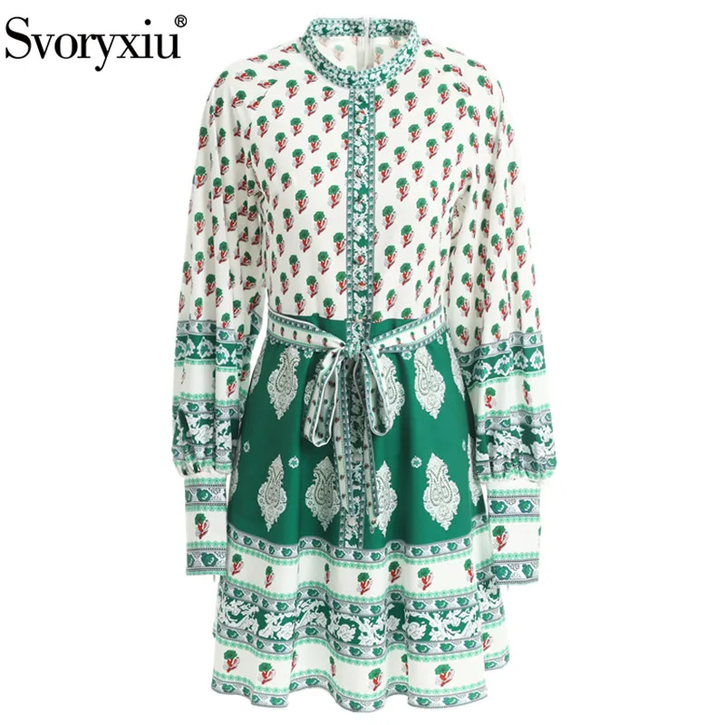 

Svoryxiu Autumn Winter Designer Style Lantern Sleeve Short Dress Women's Boho Printed Casual Holiday Dresses Vestdios