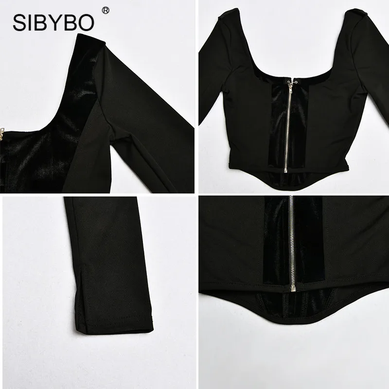 SIBYBO, длинный рукав, пэчворк, тонкие сексуальные женские топы, квадратный воротник, открытая спина, короткая женская футболка, черная, молния сзади, повседневный укороченный топ