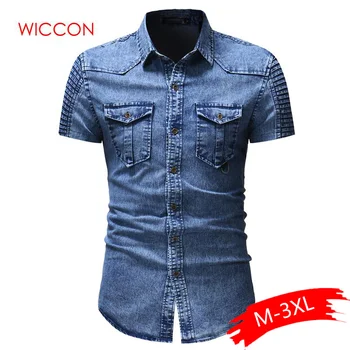 

2020 Men Fit Slim Fashion Shirts Summer Denim Cotton Tops Casual Solid Short Sleeve Pocket Shirt