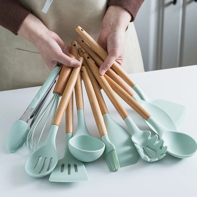 Set Kitchen Utensils Silicone Wooden Handle  Wood Silicone Kitchen Utensils  - 12pcs - Aliexpress