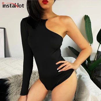 

InstaHot Sexy Single Shoulder Chain Bodysuit Black Ladies Summer Party Club Streetwear Slim Romper Women Long Sleeve Bodysuit