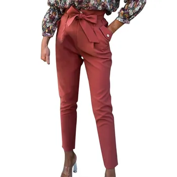 

Solor Color Women Casual Pants Hot Tie Knot Slim Solid Color Kadies High Waist Summer Straight Trousers
