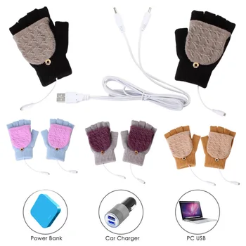 

USB Adults Heated Men Gloves Women Winter Kids Warm Gloves Knit Flip Half Finger Gloves Boys Girls Simple Mittens