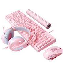 Jogo do teclado do rato teclado mecânico do jogo com fio mouse fone de ouvido com microfone luz respiração para computador computador portátil rosa