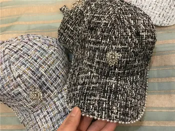 

202001-shi new spring Classic Tweed Diamond pearl decoration lady baseball hat women leisure cap