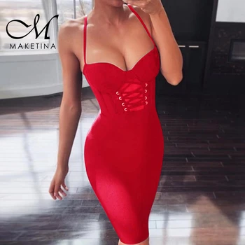 

Maketina 2019 New Summer Bandage Dress Women Sexy Spaghetti Strap Red Bandage Dress Sleeveless Mini Lace Up Bandage Dress