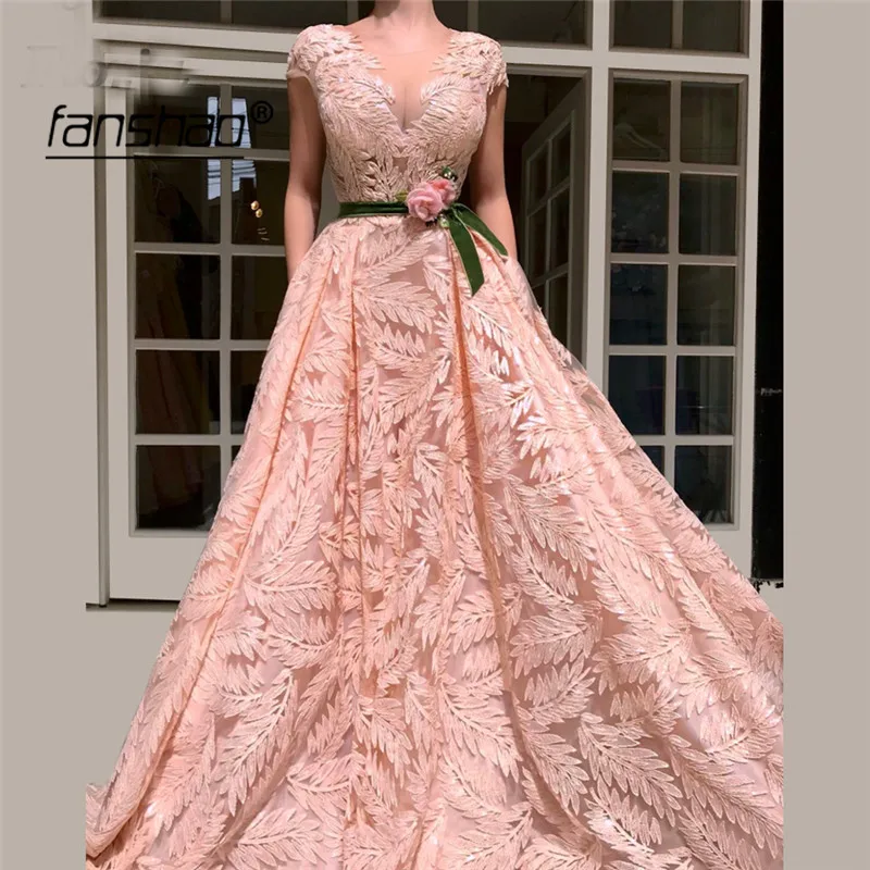 

Peach Muslim Long Evening Dresses Cap Sleeve V-neck Lace Pocket Belt Dubai Prom Dress Formal dress Evening Party gown