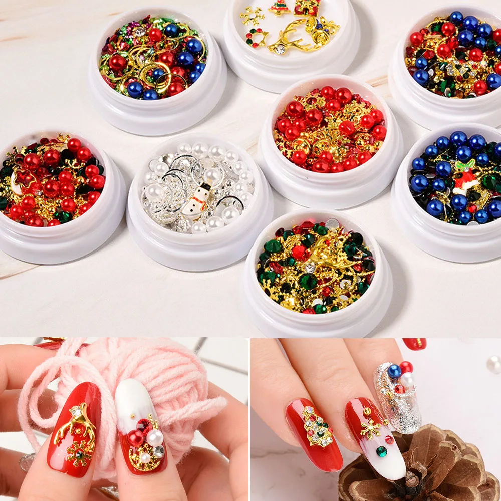 BQAN 1 Box Christmas Nail Art Rhinestones Sequins with 1 Pc Alloy Decor Christmas Tree Christmas Elk Christmas Snowman Nail Tool