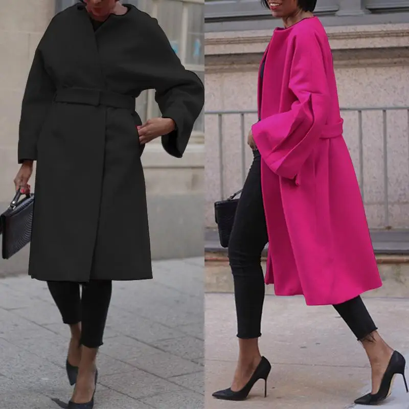 astounding  Women's Coat Winter Flare Sleeve Coats ZANZEA 2019 Female Outwear Belted Jackets Casaco Femme Long 