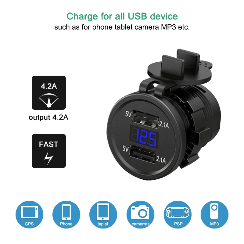 DC 12-24V 4.2A двойной USB мотоцикл прикуриватель автомобильный прикуриватель зарядное устройство розетка зарядное устройство+ светодиодный цифровой вольтметр монитор