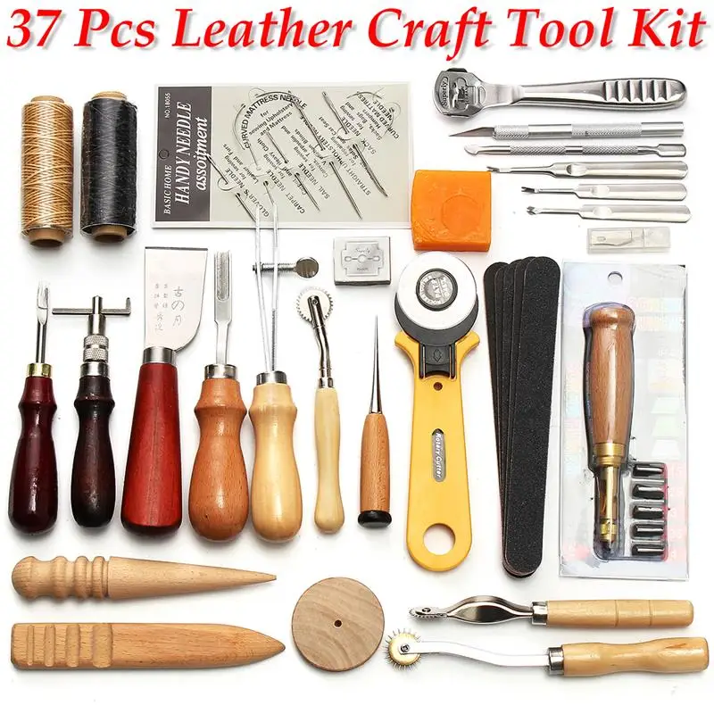 Professional 37 Pcs Leather Craft Tools Kit Hand Sewing Stitching Punch Carving Work For DIY Handmade Leathercraft Accessories