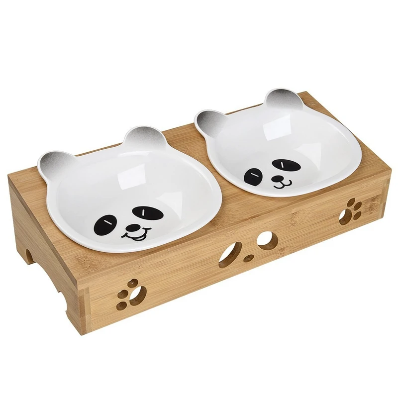

Elevated Dog Cat Bowls, Raised Pet Feeder Solid Bamboo Stand Ceramic Double Pet Bowl,Suitable For Cats, Small And Medium Dogs
