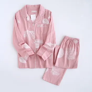 

Korea Fresh maple leaf pajama sets women 100% gauze cotton long sleeve casual sleepwear women pyjamas summer hot sale 2020